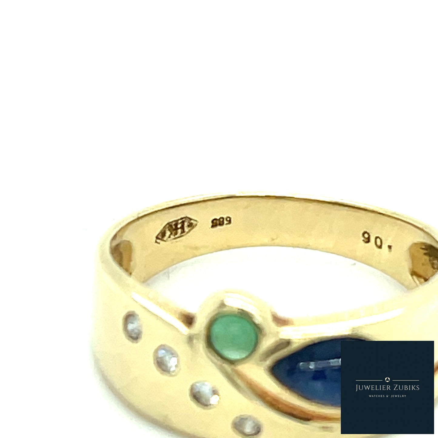 Gelbgold Ring mit Saphir, Smaragd und Birllanten