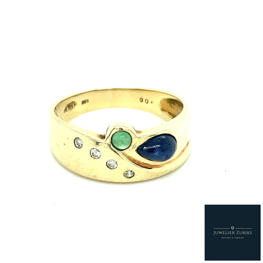 Gelbgold Ring mit Saphir, Smaragd und Birllanten