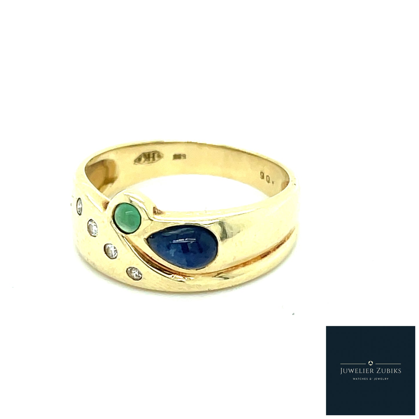 Gelbgold Ring mit Saphir, Smaragd und Birllanten